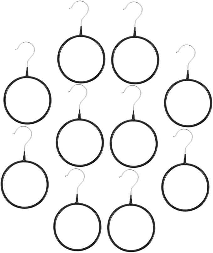 ABOOFAN 10pcs Heavy-Duty Metal Scarf Hanger Rings with Plastic Coating, Multi-Functional Scarf and Belt Organizer for Closet Storage and Display, Black Large Size for Home and Travel Use