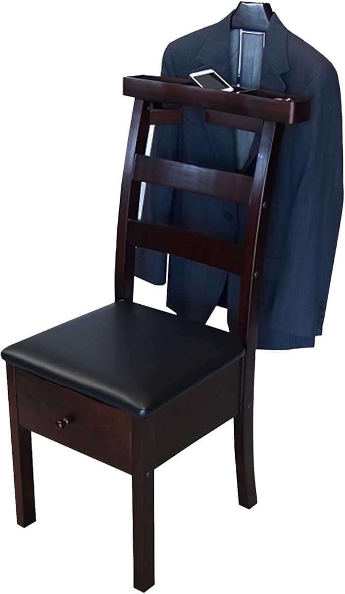 Suit Valet Stands for Men Women Contour Hanger Chair Valet with Drawer and Trouser Bar Wooden Valet Stand Organizer Storage for Entryway Bedroom