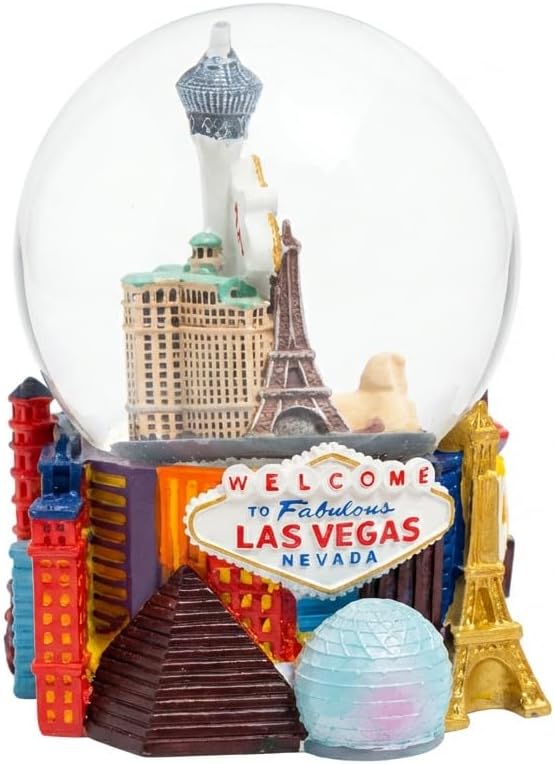 Las Vegas Snow Globe 3.5 Inch Welcome Sign Souvenir with Eiffel Tower Replica and Strip Skyline Resin Base
