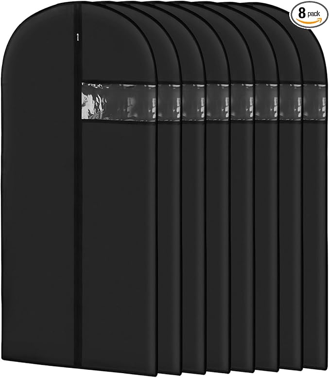 Garment Bags for Hanging Clothes 8 packs Washable Black Suit Bags for Closet Storage and Travel with Clear Window (43 inches)