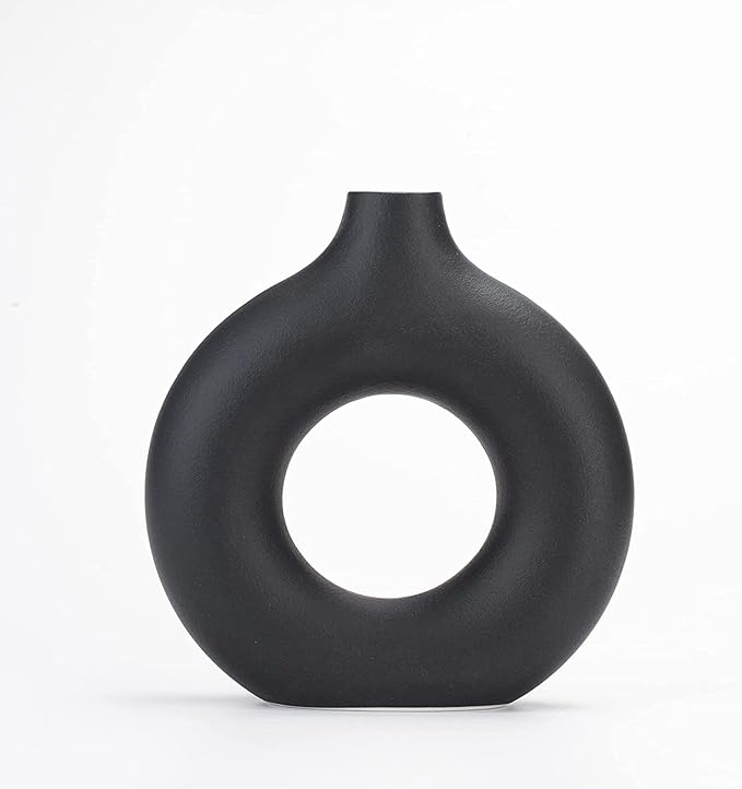 CEMABT Black Donut Vase Hollow Ceramic Vase for Flowers Handmade Minimalist Boho ins Style Modern Home Decor for Wedding Dinner Table Party Living Room Office Bedroom（M