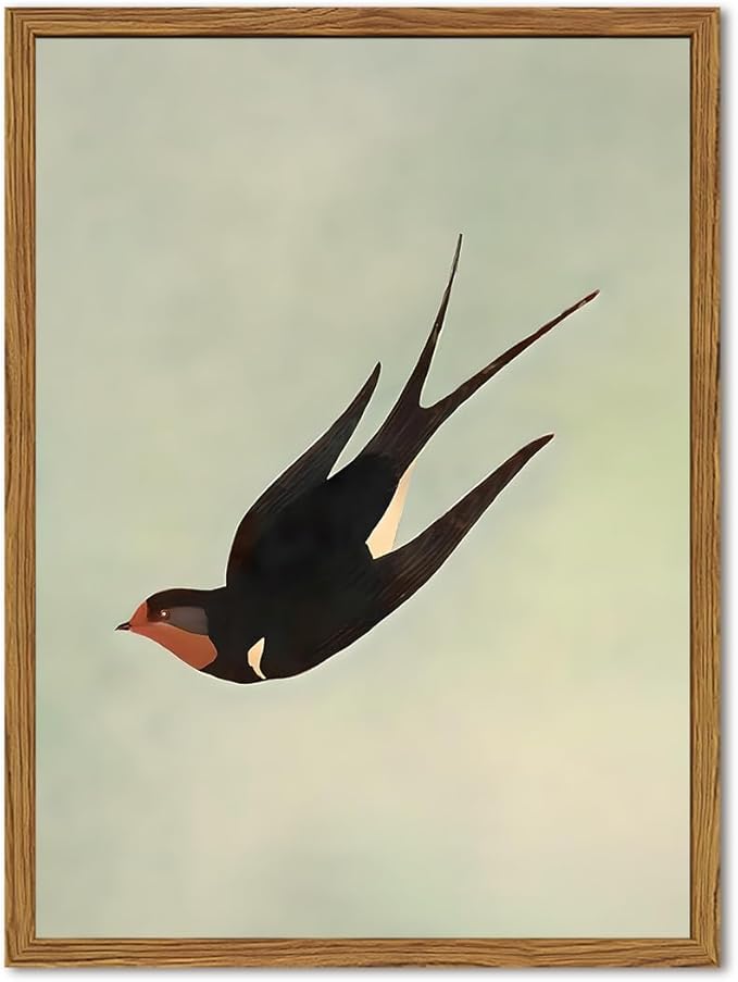 Framed Vintage Bird Wall Art, Sage Green Flying Swallow Pictures Wall Decor, Minimalist Japandi Nature Paintings Canvas Prints Modern Home Decor for Living Room Bedroom Bathroom Office 16x24 Inch