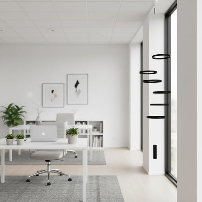 Hanging Mobile with 6 Black Rings (5.5”) - Modern Decorative Art for Home or Office