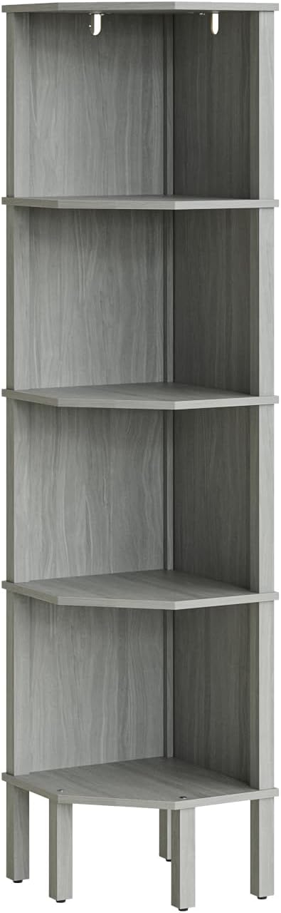 Corner Shelf, 5 Tier Corner Bookshelf, Display Corner Shelf Stand with Storage Rack, Wall Corner Bookshelf for Living Room, Bedroom, Office, Grey