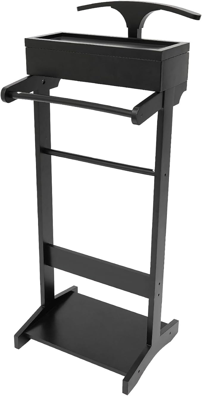 Suit Valet Stands for Women and Men Clothes Wood Valet Stand with Base Freestanding Clothing Organizer Valet Stand Contour Hanger Trouser Bar Belt Hooks for Office Living Room (Black)