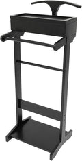 22.05 Lbs Capacity Wood Valet Stand, Clothes Valet Rack with Drawer Top Tray, Freestanding Clothing Stand with Contour Hanger Trouser Bar Tie & Belt Hooks and Shoe Rack, White