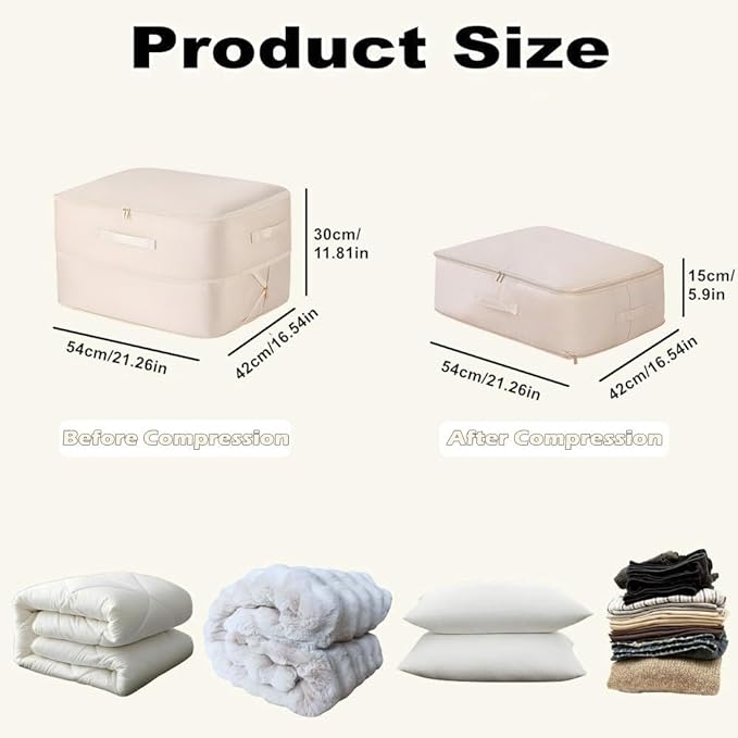 Ultra Space Saving Self Compression Organizer, Large Capacity Storage Bag, Thick Satin Fabric Heavy Duty Bags for Comforters Blankets Bedding Duvet (Beige, Large, 21x17x12in)
