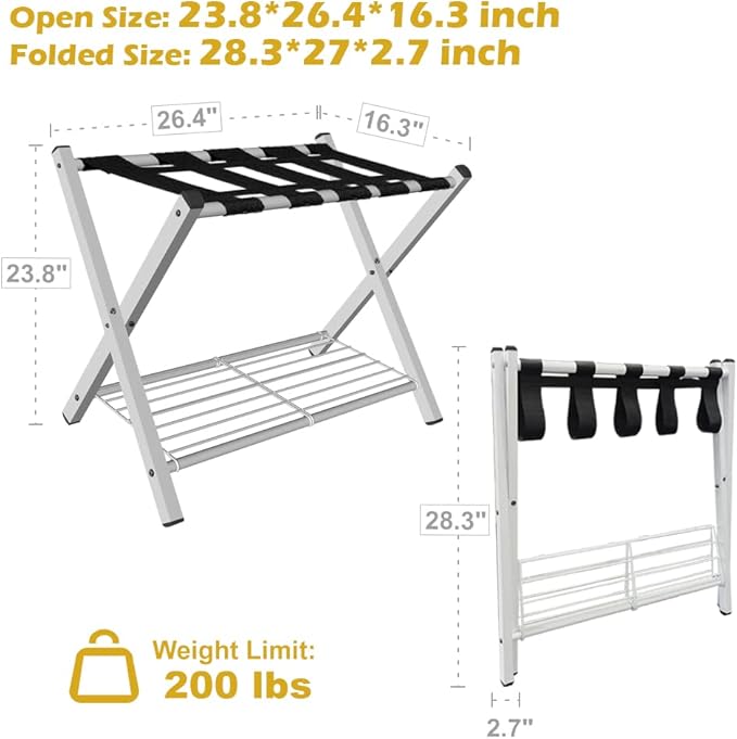 mocomax 2 Pack Folding Luggage Rack for Guest Room, Foldable Suitcase Stand Holder with Metal Storage Shelf for Bedroom, Living Room, Hotel Essentials, Heavy Duty Steel Frame, White