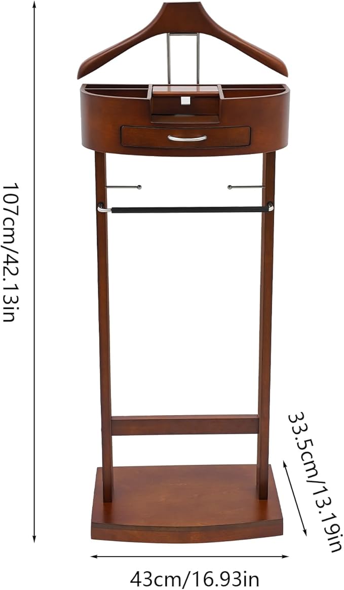 Suit Valet Stand, Freestanding Clothing Valet Stand with Drawer Top Tray, 10kg Load Capacity Wood Suit Rack, Mens Valet Stand with Base for Bedrooms, Living Rooms, Hallways, Foyers