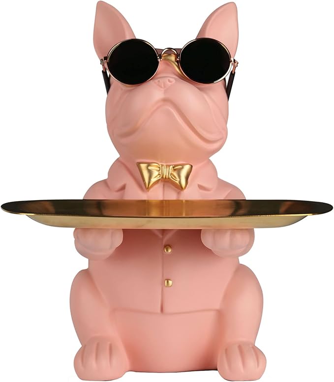 French Bulldog Gifts Statue Tray Organizer for Keys, Candy, Jewelry, Earrings, Entrance Piggy Bank - Modern Decor Pink Resin French Bulldog Decor Entryway Table, Coffee Table, Office Desk, Home Decor