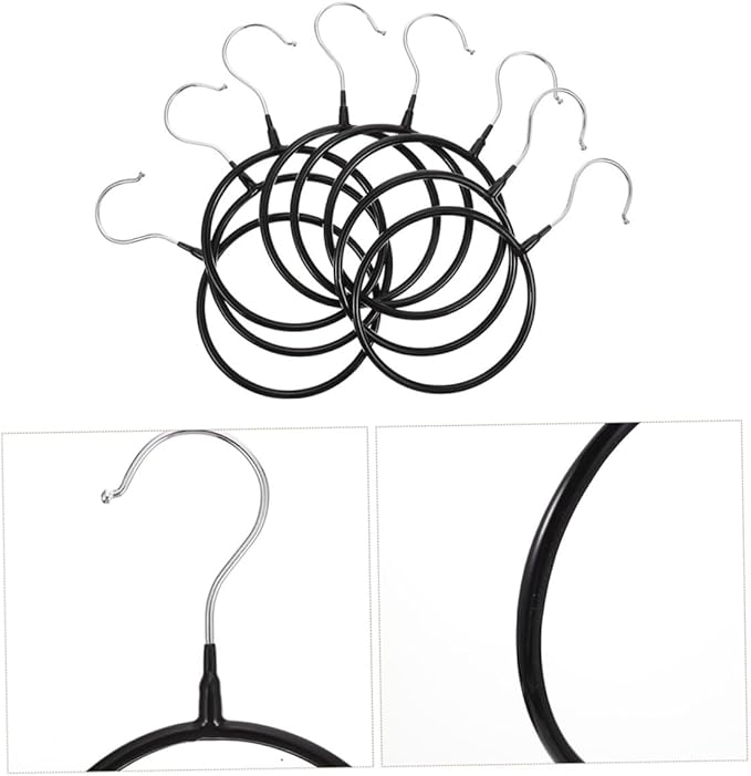 ABOOFAN 10pcs Heavy-Duty Metal Scarf Hanger Rings with Plastic Coating, Multi-Functional Scarf and Belt Organizer for Closet Storage and Display, Black Large Size for Home and Travel Use