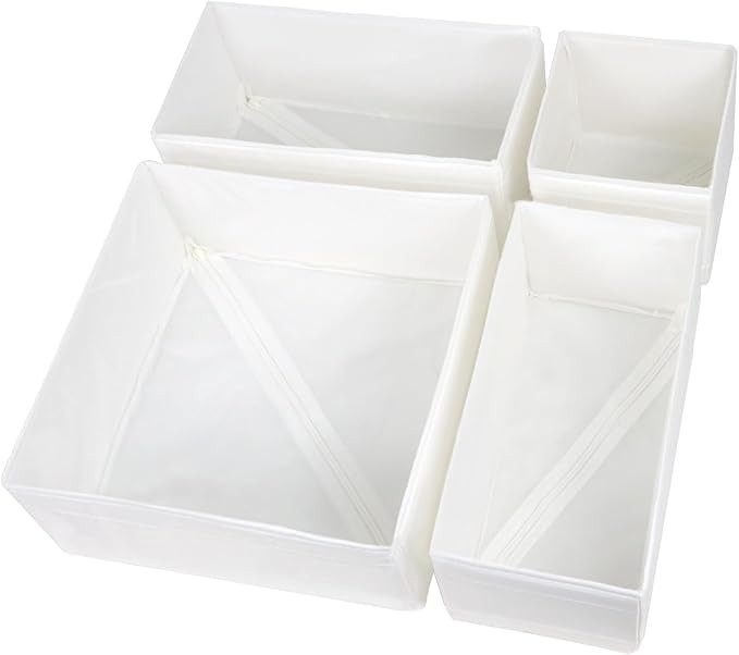 Washable Cloth Drawer Organizer, Set of 4 Foldable Sock Dresser Drawer Organizers Storage Boxes, Fabric Storage Boxes Closet Cabinet Organizer for Clothes (White, S+2M+L)