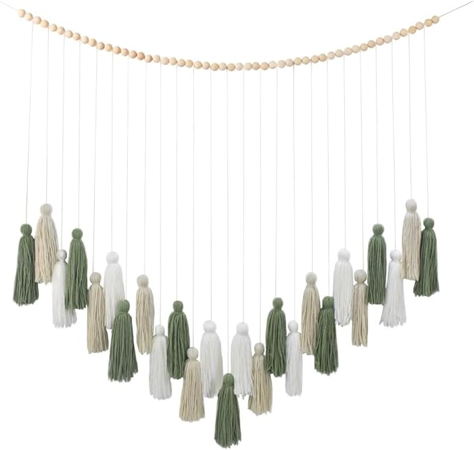 DrCor Sage Green Boho Tassel Garland – Neutral Wall Hanging for Living Room, Bedroom, or Reading Corner, Dorm Room or Entryway Decor, Baby Shower, Birthday Party or Cozy Farmhouse Decoration