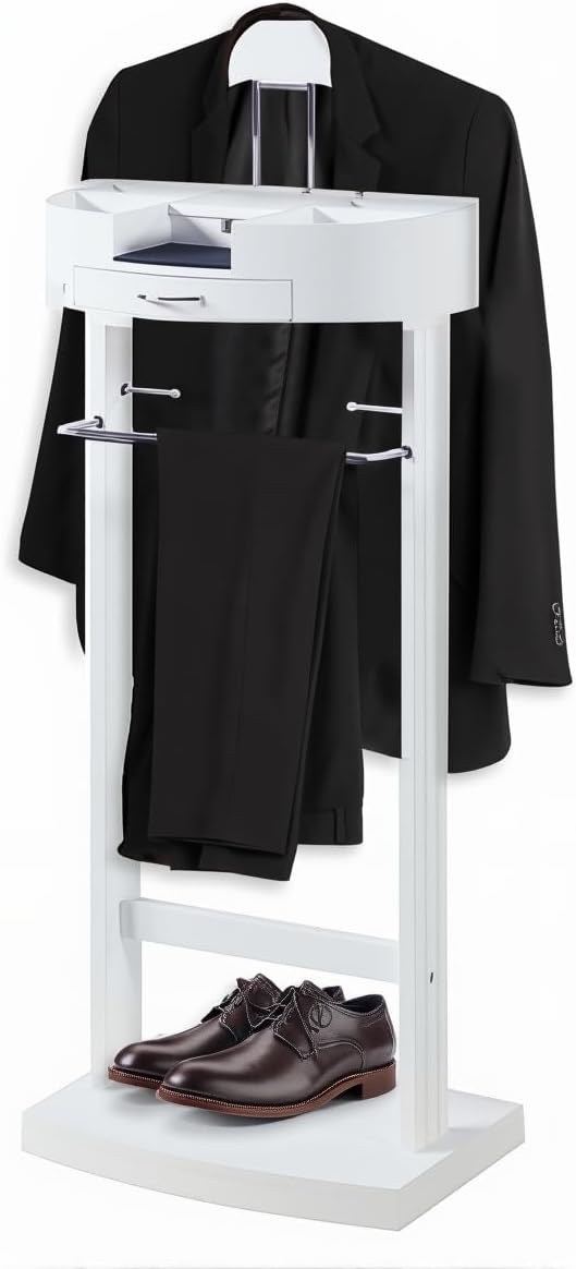 White Valet Stand For Women With Drawer Wood Suit Stand For Mens with Contour Hanger Trouser Shoe Rack Tie & Belt Stand Organizer Clothing Rack For Office Hotel Living Room Coat Rack(White)