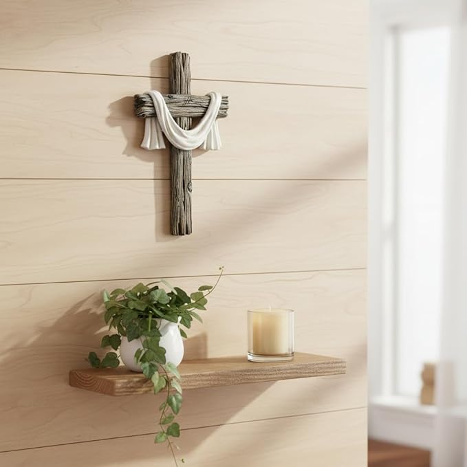 Comfy Hour 13" Rustic Brown Wall Cross Decor, Christian Farmhouse Wall Art with White Cloth, Wooden Look Religious Cross Plaque for Living Room, Bedroom, Entryway, Resin Sculpture Home & Communion Decor