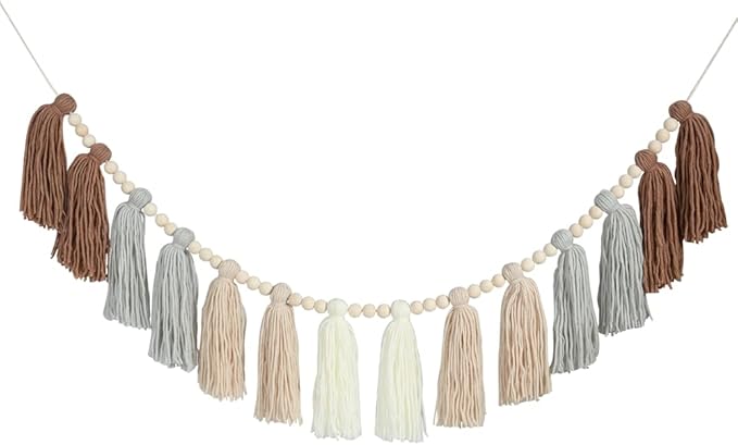 DrCor Neutral Boho Tassel Garland – Handmade Cream, Brown & Gray Yarn Banner for Nursery, Baby Shower, Birthday Party, Rustic Farmhouse Wall Hanging & Warm Cozy Home Decor