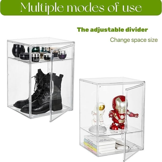 Acrylic Display Case with an Adjustable Divider, 2 Tiers XXX-Large Boot Shoe Storage Boxes Clear Plastic Stackable Storage Bin with Lids,2 Pack Super Large Clear Display Box for Shoes, Collectibles