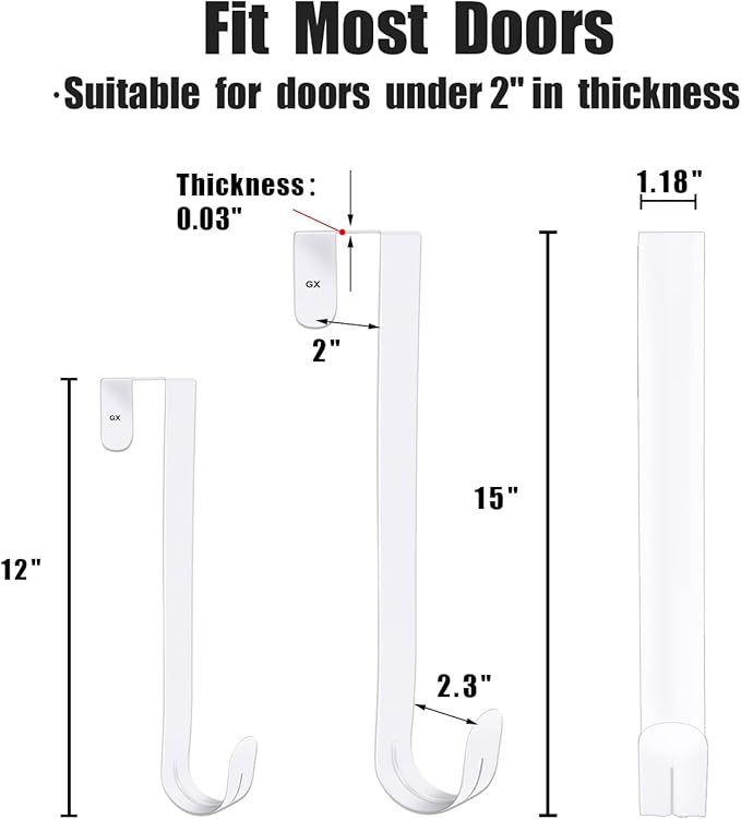 GameXcel 4 Pcs 12"+15" Wreath Hanger for Front Door - Large Wreath Metal Hook for Christmas Wreath Over The Door Hanger 2 x 12 and 2 x 15 - White