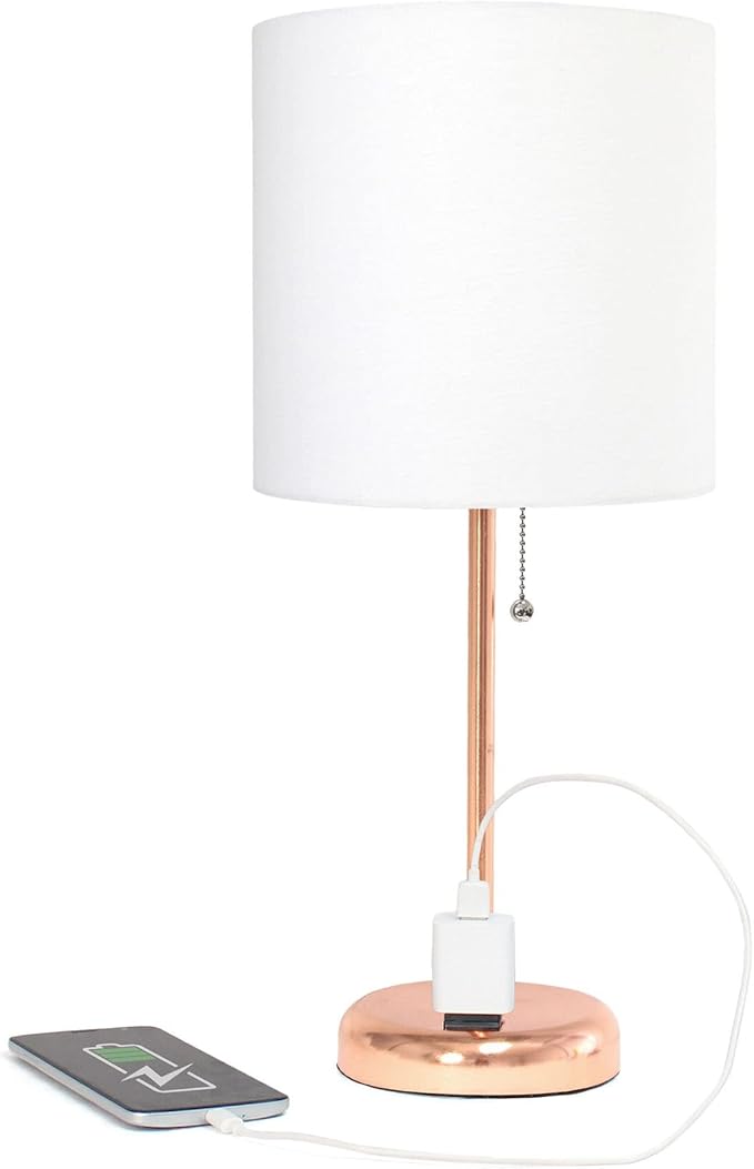 Oslo 19.5" Contemporary Bedside Power Outlet Base Standard Metal Table Desk Lamp in Rose Gold with White Drum Fabric Shade