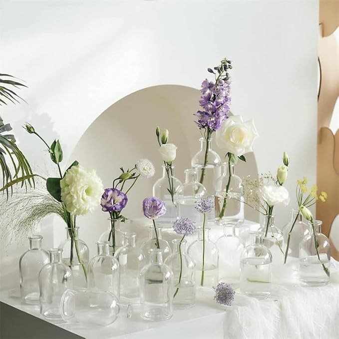 YOUEON 16 Pack Clear Glass Bud Vases, Small Bud Vases in Bulk, Glass Flower Vases for Centerpieces, Vintage Decorative Bottle Vases for Flowers, Home Decor, Wedding Reception, Office