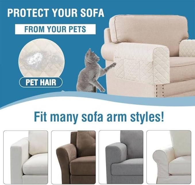 H.VERSAILTEX Couch Arm Covers Water Resistant Armrest Covers for Sofa Remote Control Holder Sofa Armrest Organizer for Magazine, Tablet, Phone, iPad(Set of 2, Ivory/Beige)