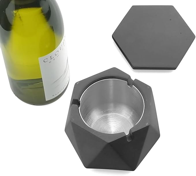 FREELOVE Concrete Ashtray with Lid & Stainless Steel Ashtrays for Cigarettes, Cement Ash Tray Smoking Holder Indoor Smokeless Outdoor Windproof Patio Home Office Cool Decor(Dark Grey, Large)