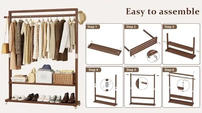 Solid Wood Clothes Rack with Wheels | 3-in-1 Freestanding Garment Rack & Coat Tree, Extra-Long Rod, Two Shelves, 220 lb Load | Organizer for Bedroom & Entryway