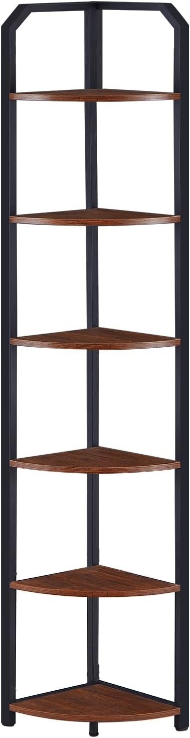 MNEETRUNG 71" Corner Shelf,6 Tier Industrial Corner Bookshelf, Freestanding Shelf Stand for Small Space,Home Office,Living Room,Bedroom,Brown