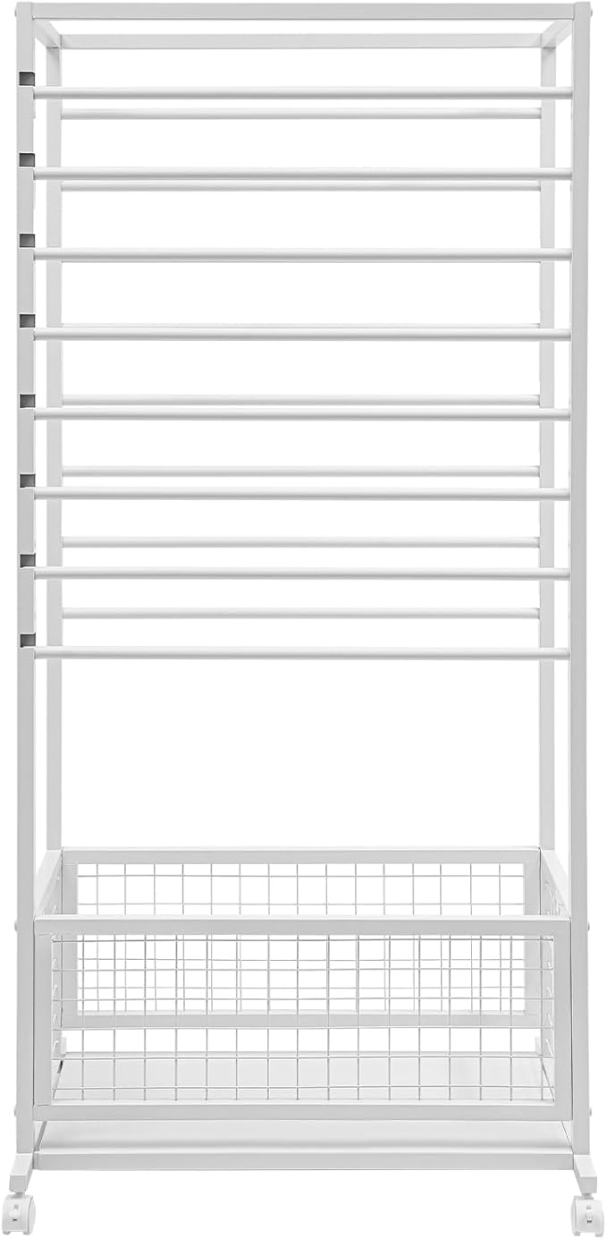 16-Layer Scarf Display Stand, Rolling Scarf Organizer Holder Hanging Rack with Wheels & Storage Basket for Retail Store Boutique Display Bedroom, W26.5*D16.9*H59in (White)