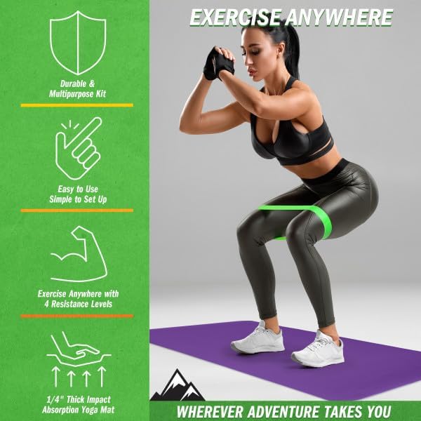 Wakeman Yoga Mat Set - 4-Pack of Resistance Bands for Working Out with 1/4-Inch Workout Mat - Home Gym Starter Kit - Exercise Equipment by Wakeman