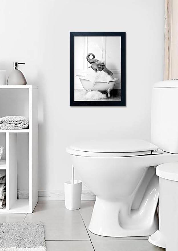 Framed Elephant Wall Art Black and White Bathroom Wall Decor Funny Animal Canvas Print Artworks for Bathroom