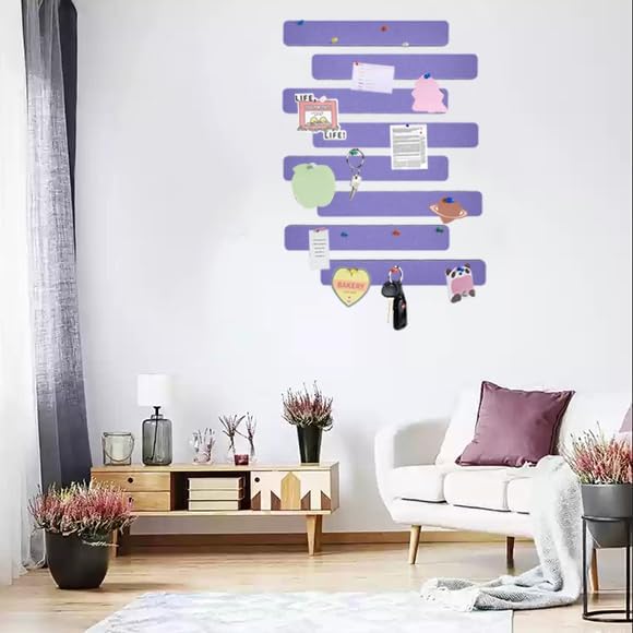 Vuzvuv 8 pcs Bulletin Board Bar Strips with 50 Pushpins & 10 Wooden Clip pins，Self Adhesive Cork Board for Wall，Felt Pin Board for School，Office Decor(Medium Purple)