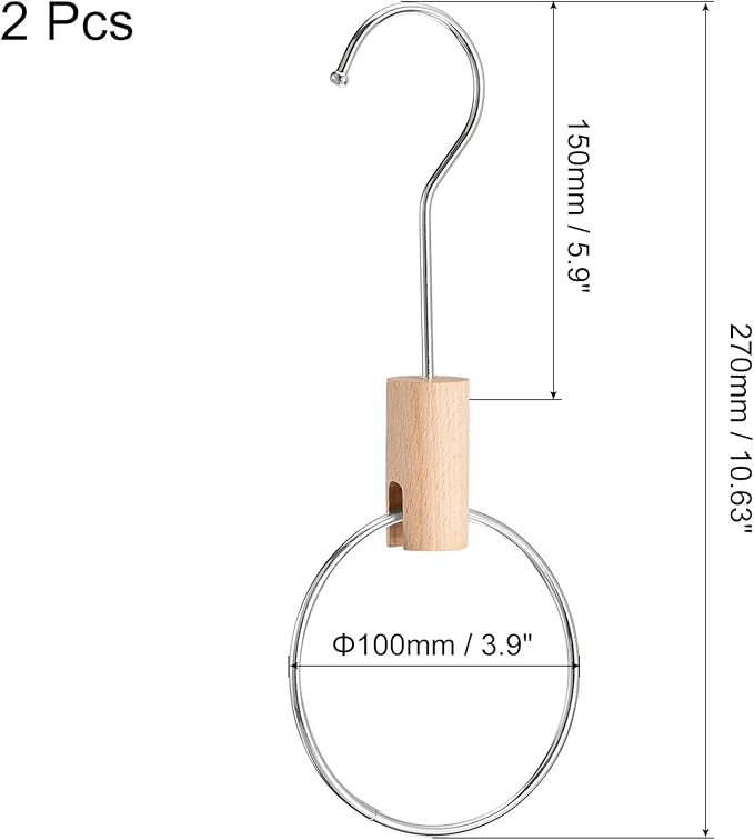 uxcell 2Pcs 4 Inch Scarf Ring Hanger Scarf Organizer Holder Wood Circle Closet Storage Hanging Hook for Belt Tie Scarf, 15cm Length Hook (Silver)