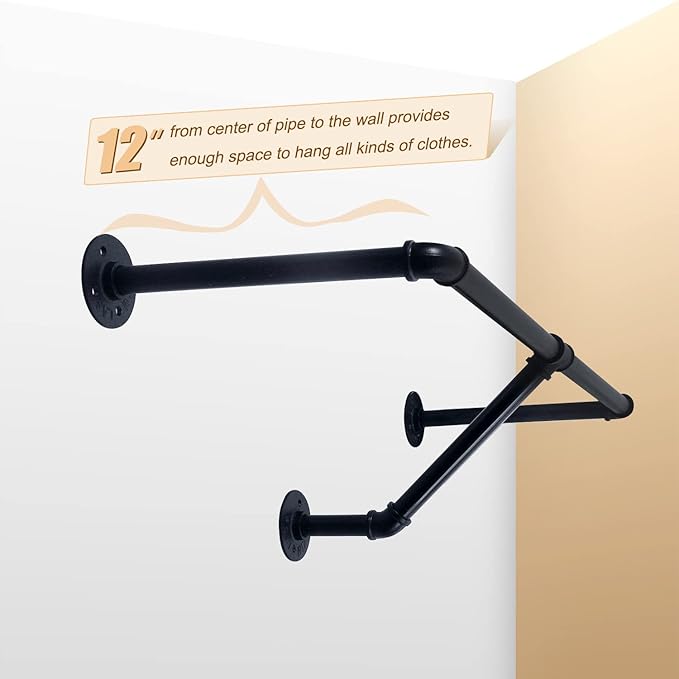 HouseAid 48 Inch Industrial Pipe Clothes Rack, Farmhouse Iron Garment Rack, Vintage Style Hanging Rod for Closet, Wall Mounted, Matte Black (Hooks Included)