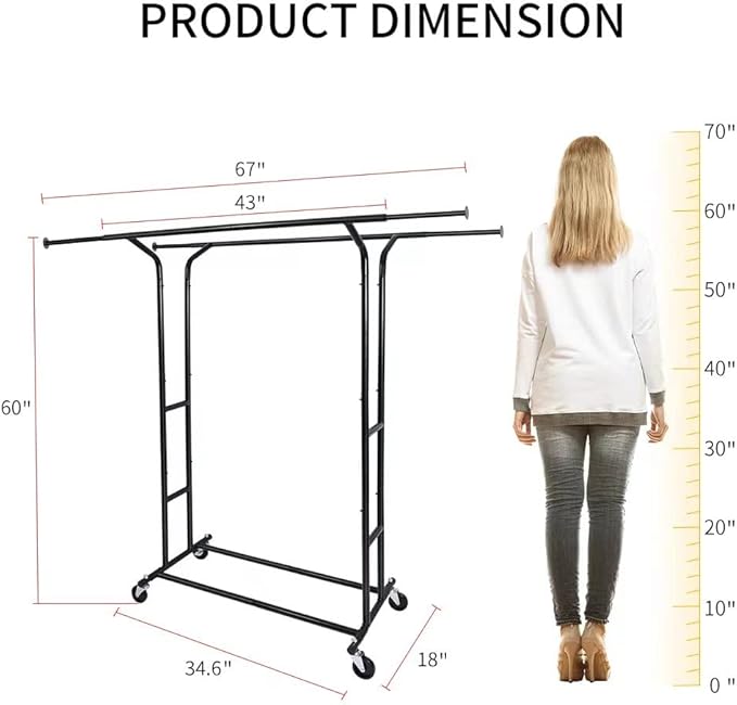 Fishat Black Heavy Duty Double Rod Garment Rack for Hanging Clothes, Rolling Clothes Organizer Commercial Metal with Lockable Wheels Mobile for Coats Dresses
