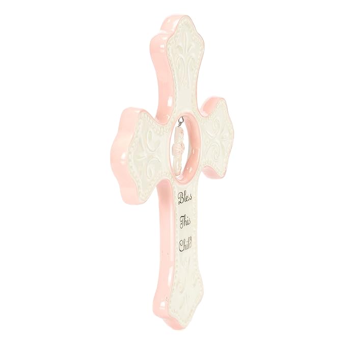 DEMDACO Bless This Child Wall Cross - Blessing Cross for Baby - Faith Nursery Decor - Gift for Newborn - Religious Christian Wall Hanging - Porcelain - Gift Box Packaging - Pink