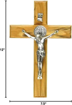 Holy Land Market Saint Benedict Wall Crucifix - Handmade Olive Wood Cross, Silver Tone Corpus, Catholic Home Decor, 12 Inches