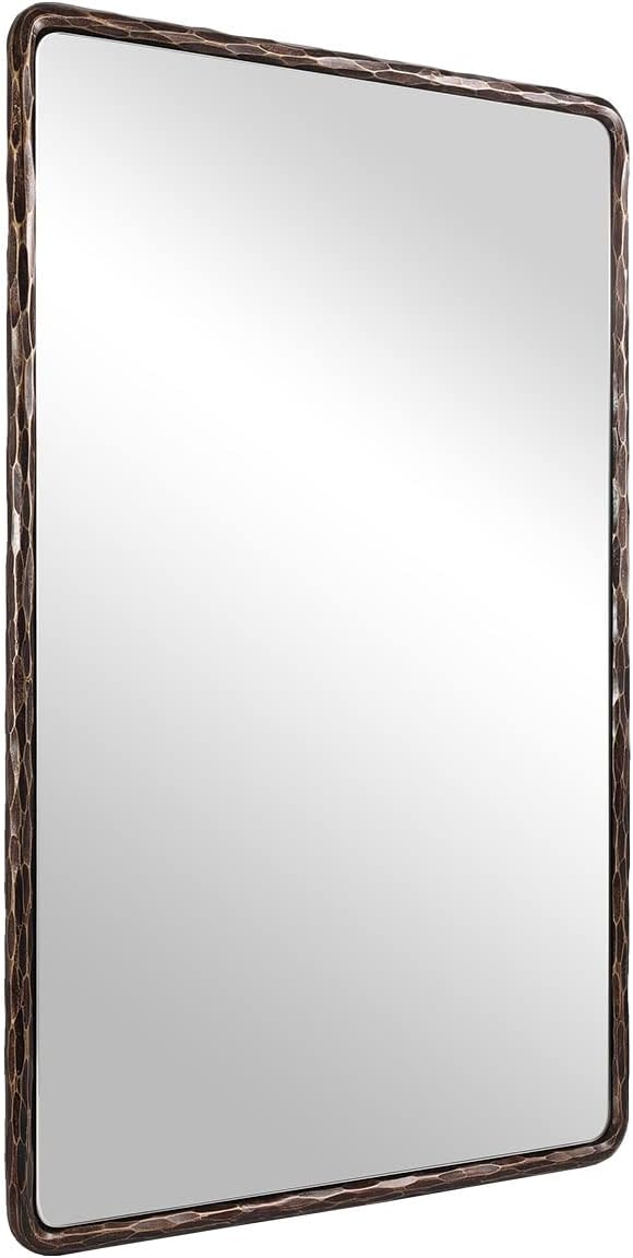 ANDY STAR Hand-Forged Bronze Bathroom Mirrors for Wall, 22x30 Inch Vintage Solid Steel Metal Frame Bathroom Vanity Mirror, Antique Rounded Rectangle Wall Mirror, Hangs Horizontally or Vertically