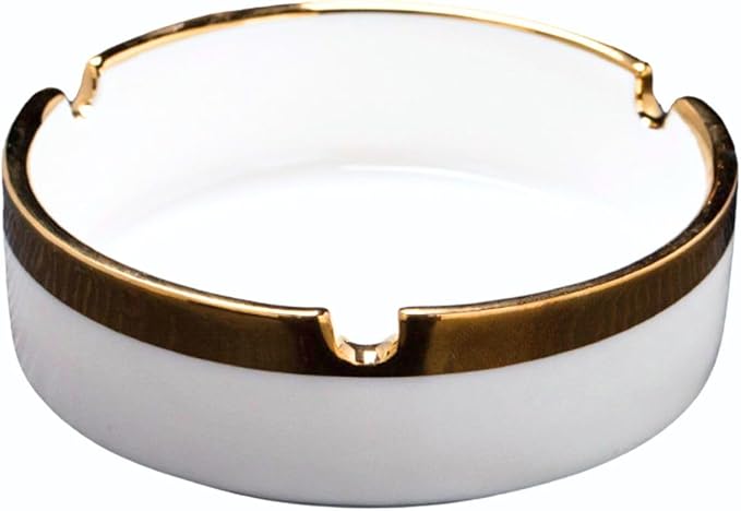Saim Ceramic Cigar Ashtray for Men - Retro Round Desktop Ash Tray with Gold Edge, Anti-Slip Bottom, for Home Office Patio Outdoor Smoking (White)