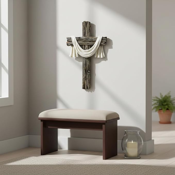 Comfy Hour 13" Rustic Brown Wall Cross Decor, Christian Farmhouse Wall Art with White Cloth, Wooden Look Religious Cross Plaque for Living Room, Bedroom, Entryway, Resin Sculpture Home & Communion Decor