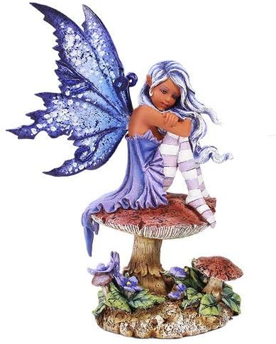 Pacific Giftware Violet Faery by Amy Brown Licensed Enchanted Fairy Figurine with Blue Wings Sitting on Mushroom Statue Polyresin Fantasy Statue 6.88" H