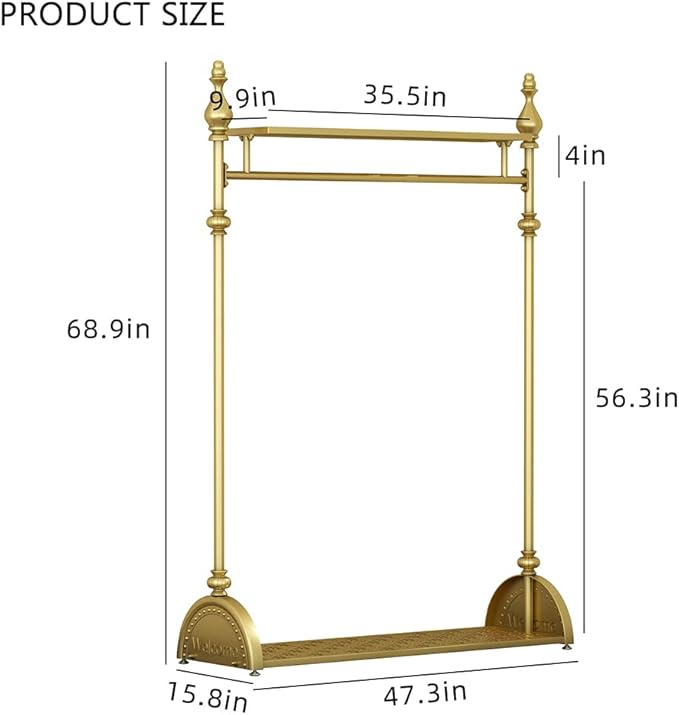 Clothing Rack Gold, Industrial Clothes Rack for hanging Clothes with Double Shelves Freestanding Multi-functional Heavy Duty Garment Rack, Metal Movable Portable Coat Rack for Organizing Clothes Shoes