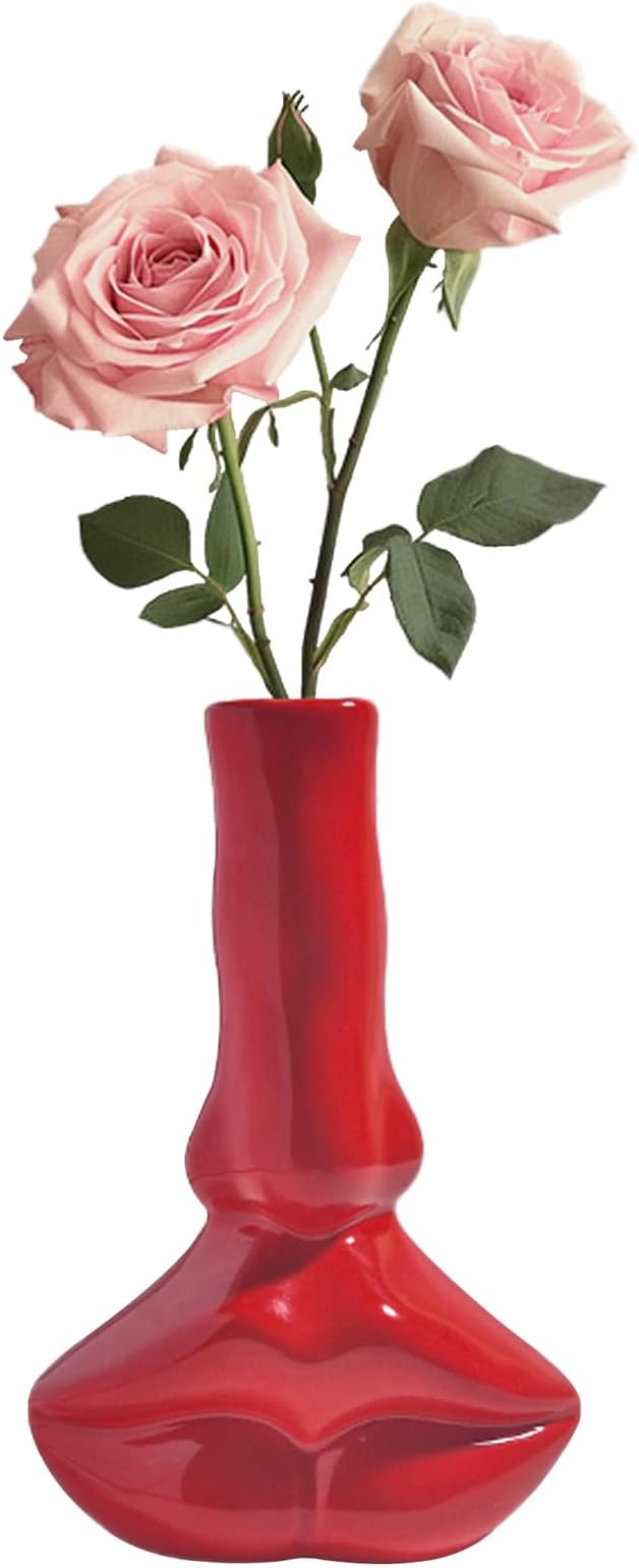 Red Lip Vase, Unique Ceramic Face Shaped Artistic Vase for Flowers, Red Room Dining Table and Desk Decoration