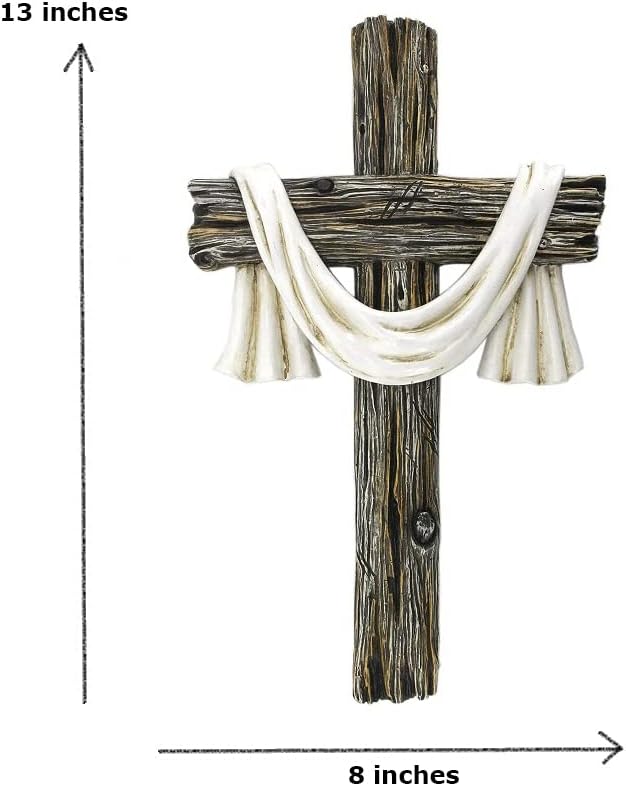 Comfy Hour 13" Rustic Brown Wall Cross Decor, Christian Farmhouse Wall Art with White Cloth, Wooden Look Religious Cross Plaque for Living Room, Bedroom, Entryway, Resin Sculpture Home & Communion Decor