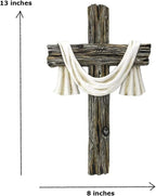 Comfy Hour 13" Rustic Brown Wall Cross Decor, Christian Farmhouse Wall Art with White Cloth, Wooden Look Religious Cross Plaque for Living Room, Bedroom, Entryway, Resin Sculpture Home & Communion Decor