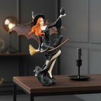 Comfy Hour 9" Dark Fairy Witch Figurine on Broom, Fantasy Sorceress with Black Cat Statue, Mystical Home Office Desktop Decor Accent, Polyresin Artisan Crafted Sculpture, 1 Piece