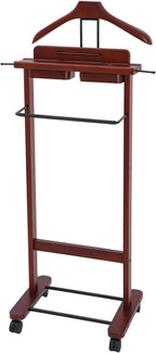 Valet Stand with Wheels and Top Tray, Wood Mens Suit Valet Stand with Shoe Shelf, Freestanding Clothes Valet Stand with Hanger, Storage Organizer for Entryway Office Living Room (B, Walnut Color)