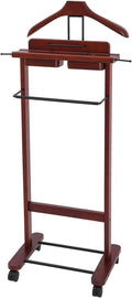 66.14 Lbs Capacity Wood Valet Stand, Clothes Valet Rack with 4 Universal Wheels, Freestanding Clothing Stand with Drawers Tie Rods and Shoe Rack, Reddish Orange
