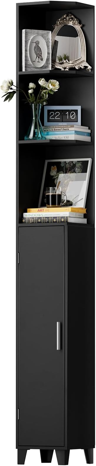 MOHOPE Corner Shelf with Cabinet, 74.8" Tall Corner Display Cabinet with Door, 5-Tier Narrow Bookshelf with Adjustable Shelves for Living Room, Bathroom, Dining Room, Small Space, Black