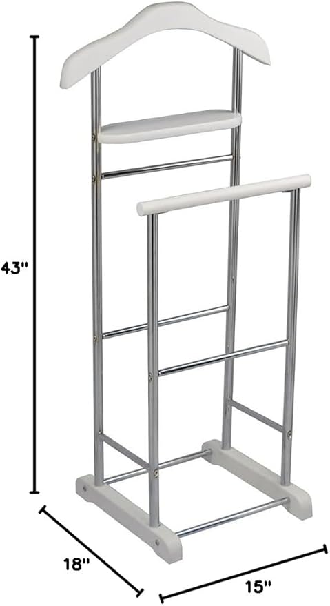 White Wooden Twin Valet Stand with Hanger Trouser Bar Tie Belt Holder Storage Tray Clothes Organizer for Bedroom Office Closet Space Saving Wardrobe Rack for Unisex